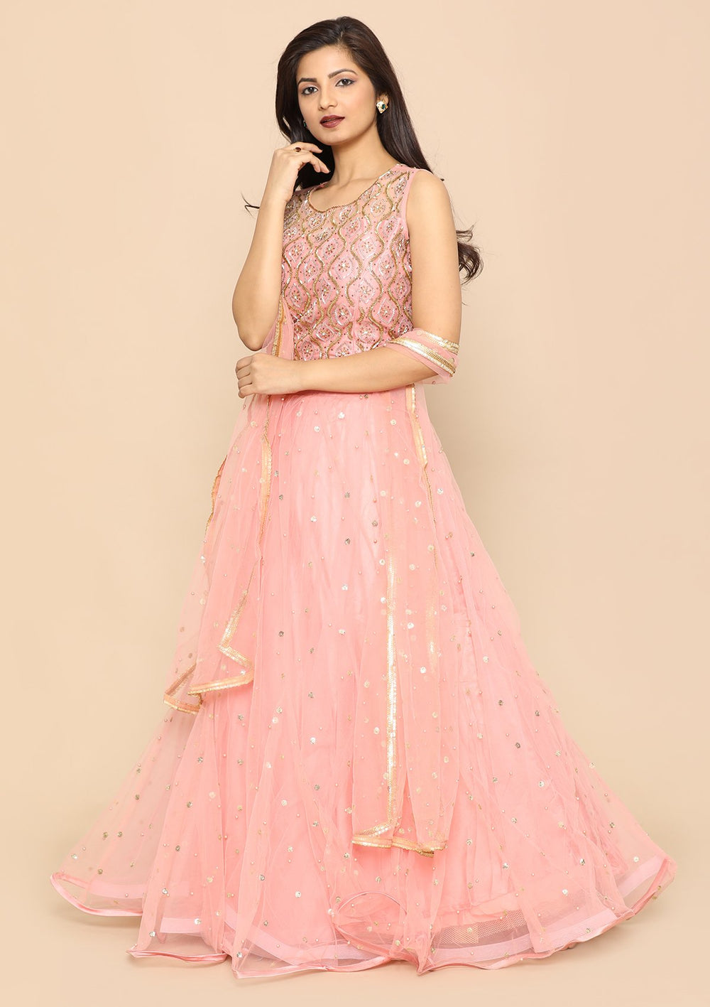 Pink Micro Stone Net Designer Lehenga-Koskii