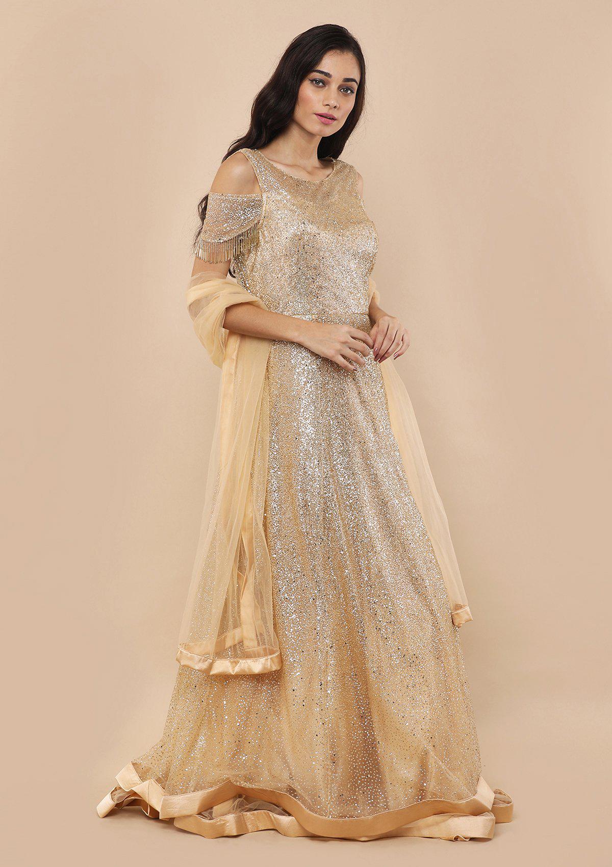 Beige Cutdana Work Silk Designer Gown-Koskii