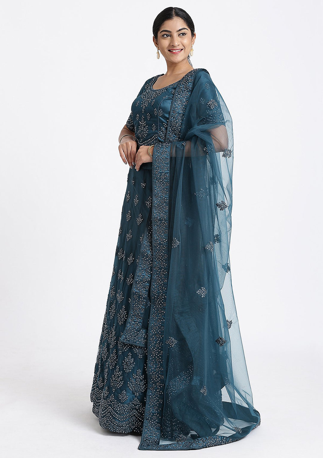 Peacock Blue Thread Work Net Designer Lehenga-Koskii