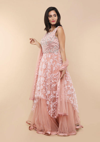 Pink Floral Asymmetrical Designer Gown-Koskii