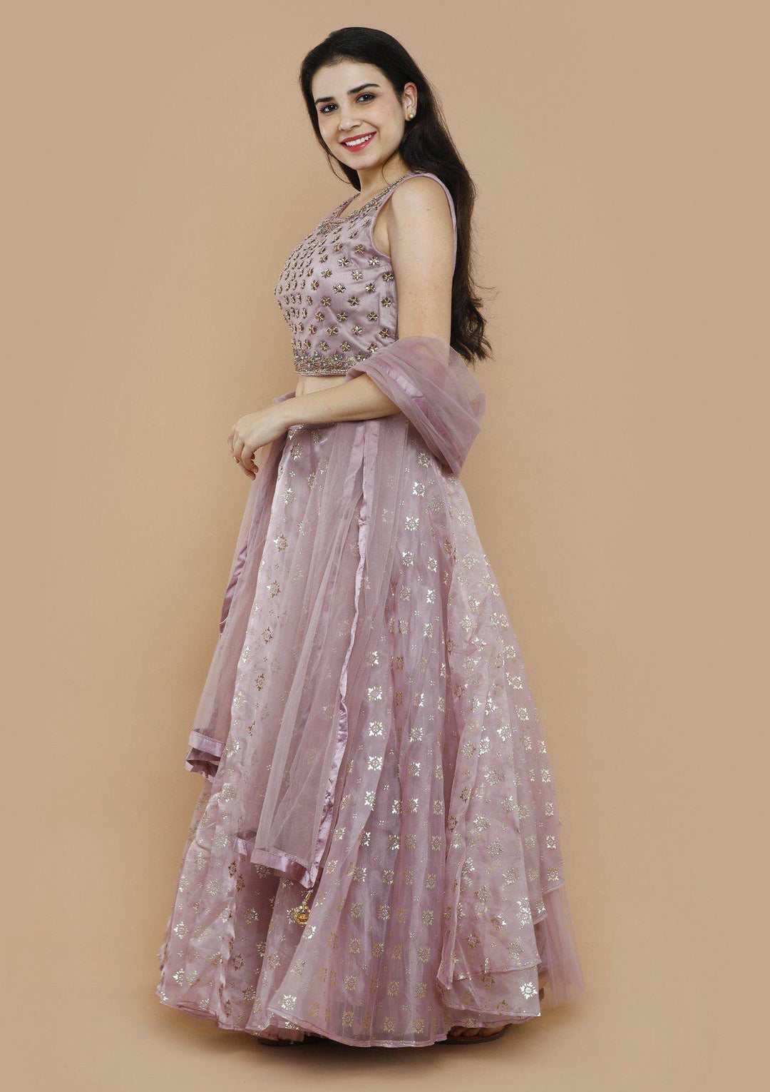Lavender Sequinned Tissue Silk Designer Lehenga-Koskii