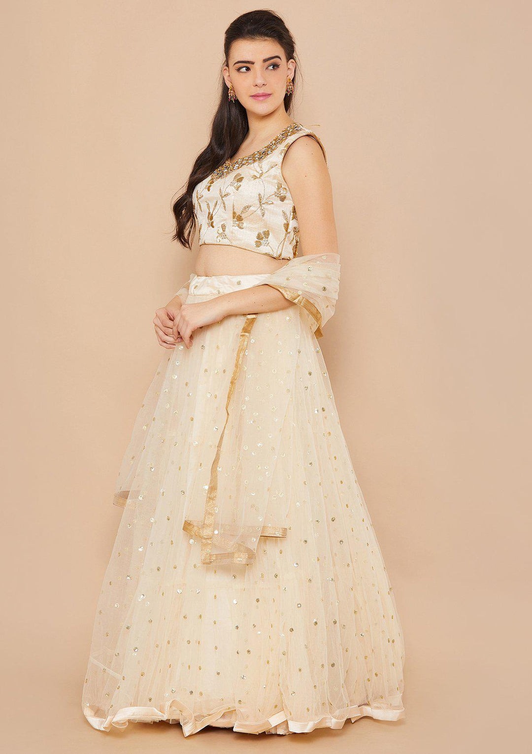Koskii Mirrorwork Net Cream Lehenga-Koskii