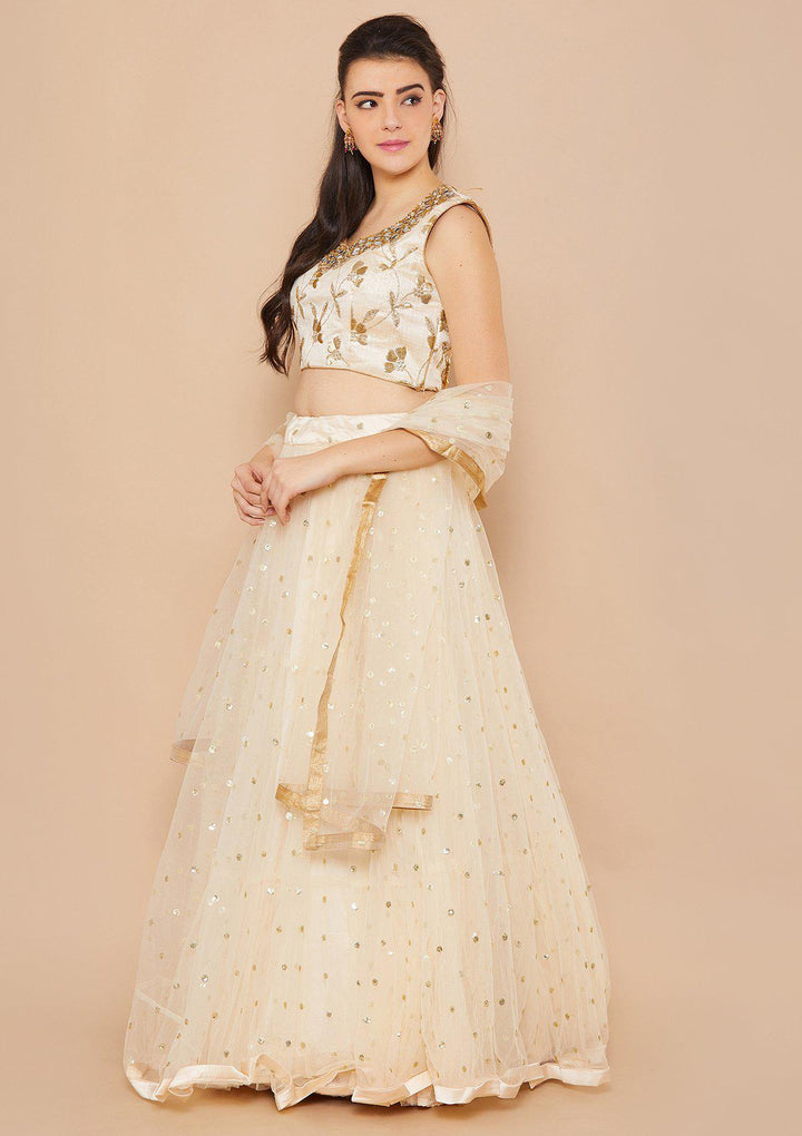 Koskii Mirrorwork Net Cream Lehenga-Koskii