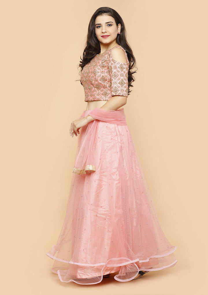 Coral Pink Pearl Silk Designer Lehenga-Koskii