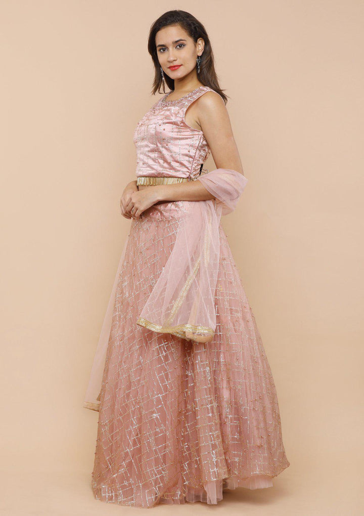Pink Pearlwork Net Designer Lehenga-Koskii