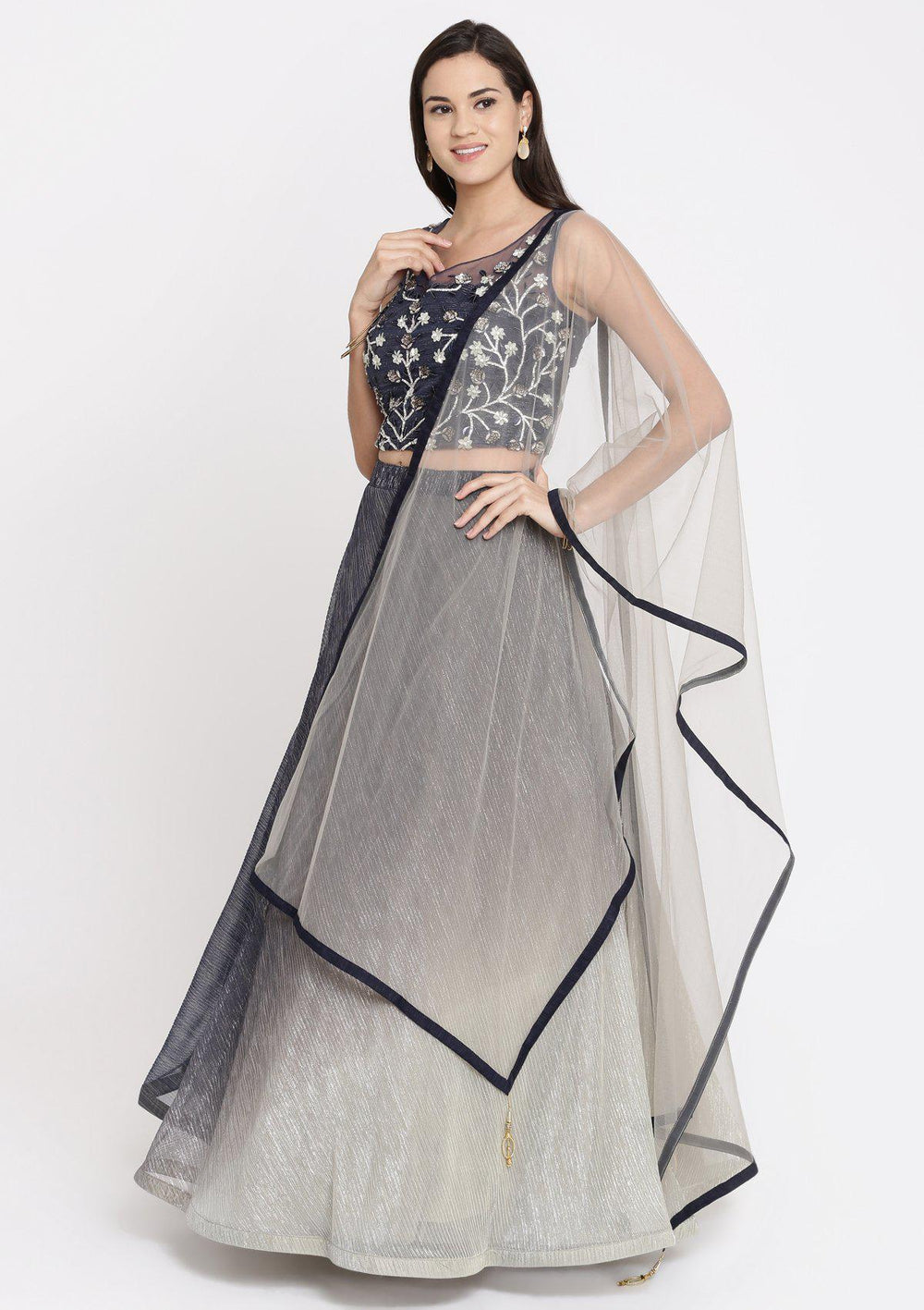 Dark Grey Silver Stonework Lycra Designer Lehenga-Koskii