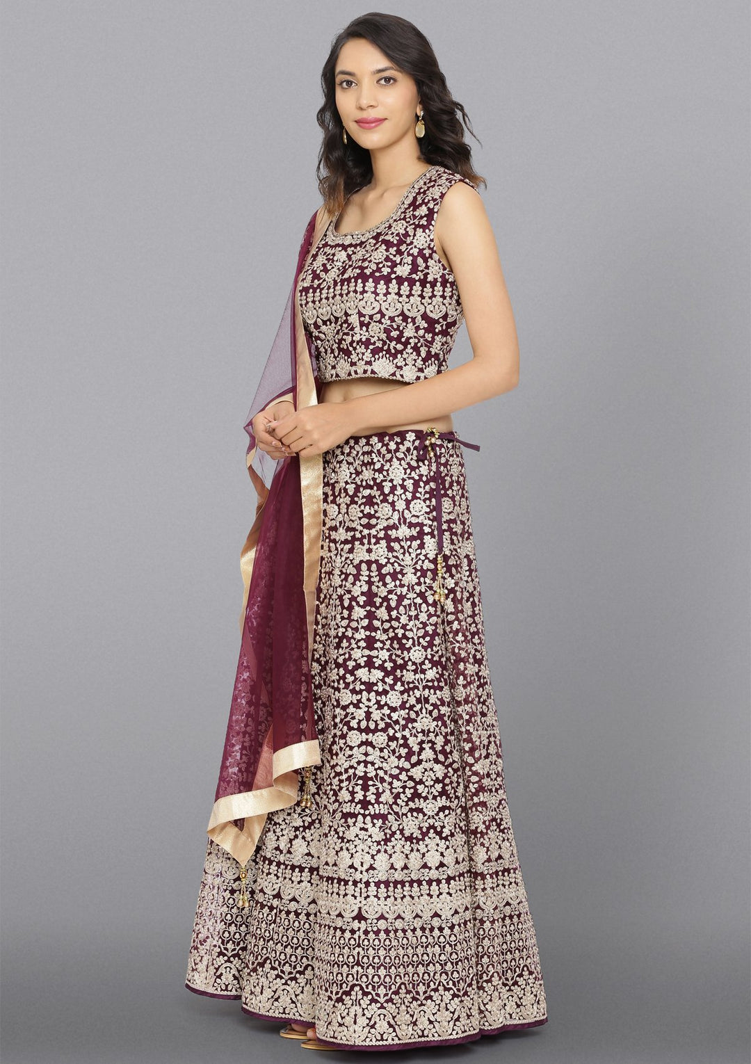 Wine Zariwork Net Designer Lehenga-Koskii