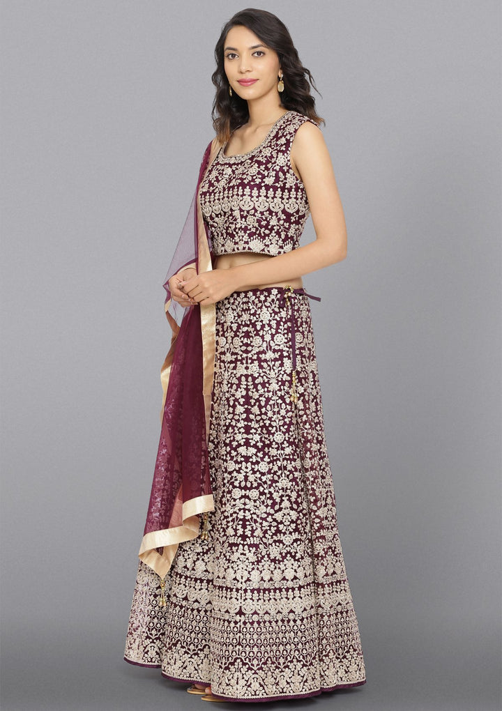 Wine Zariwork Net Designer Lehenga-Koskii