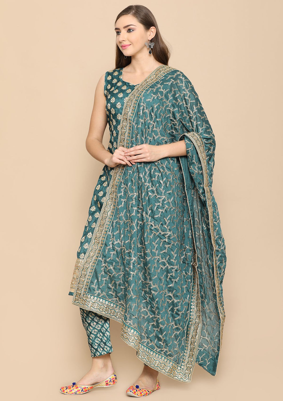 bottle green and gold designer salwar suit-Koskii