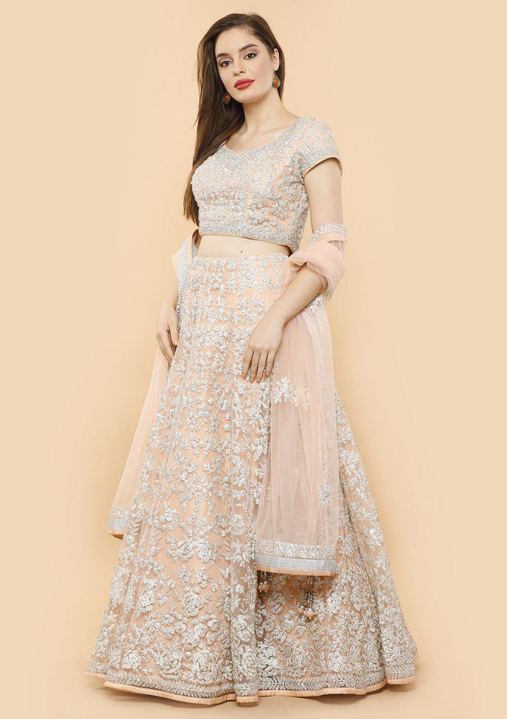 Peach Thread Work Net Designer Lehenga-Koskii