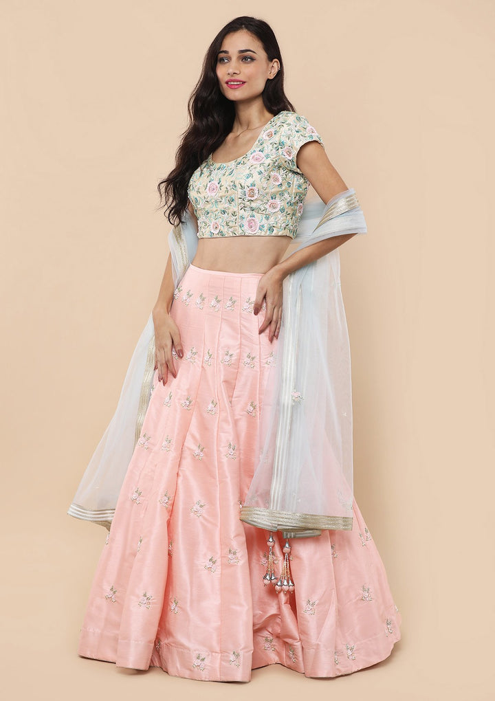 Peach Floral Thread Work Silk Designer Lehenga-Koskii