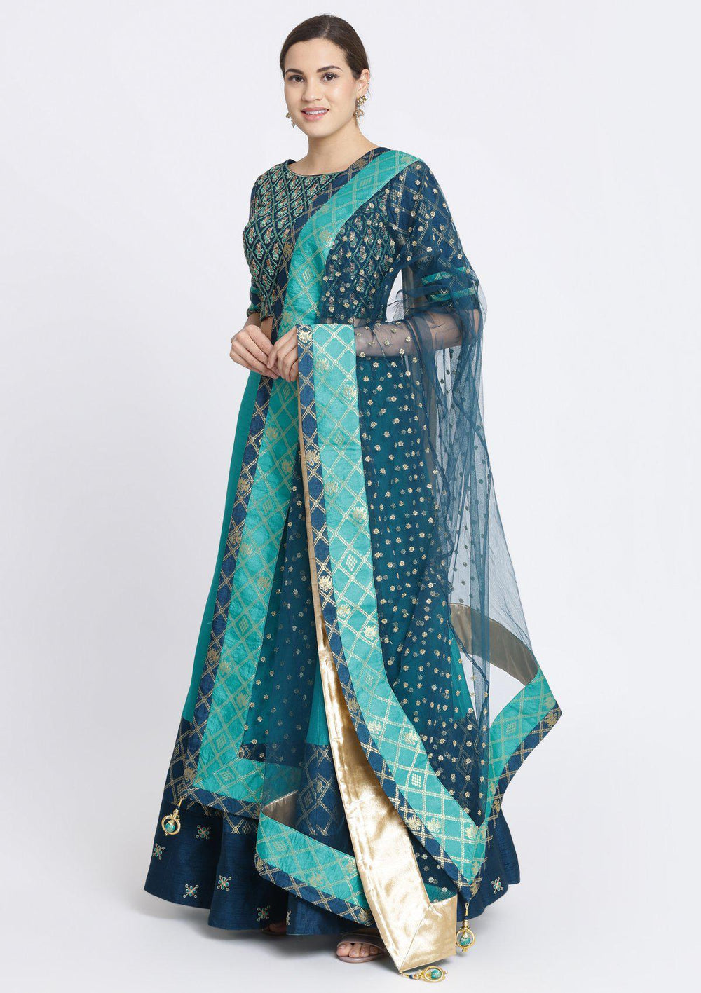 Turquoise Blue Zardosi Rawsilk Designer Lehenga-Koskii