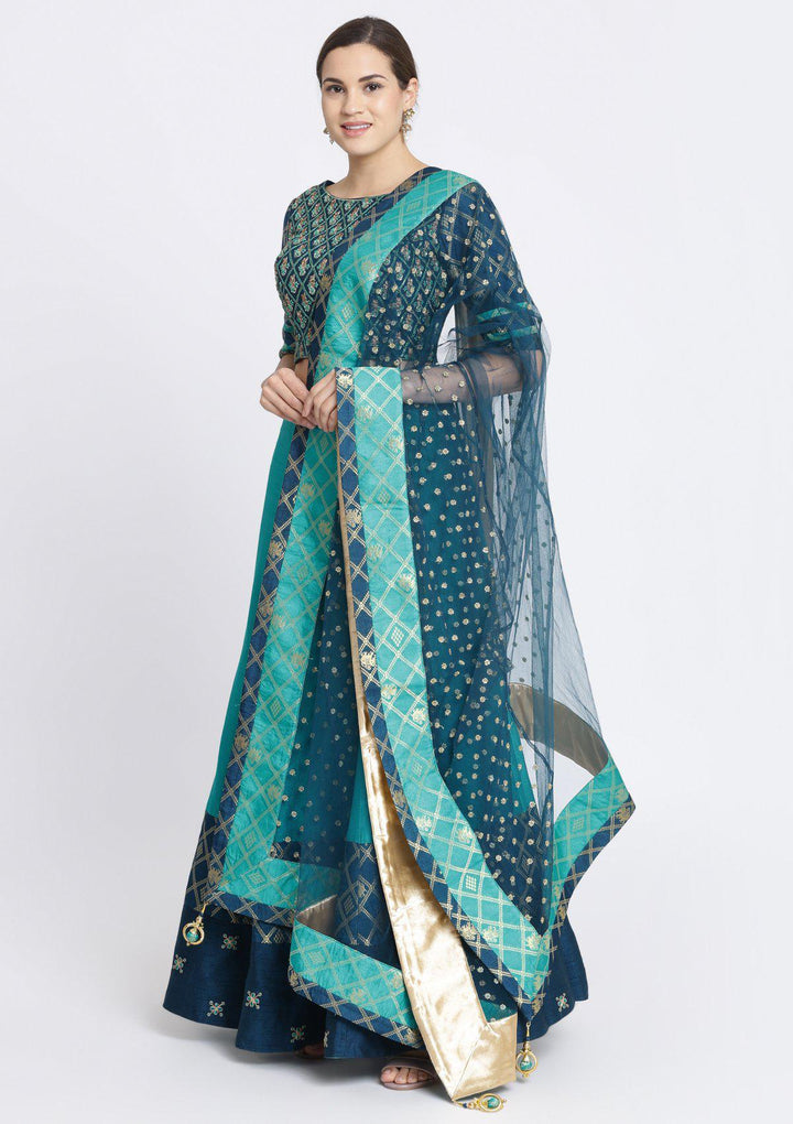 Turquoise Blue Zardosi Rawsilk Designer Lehenga-Koskii