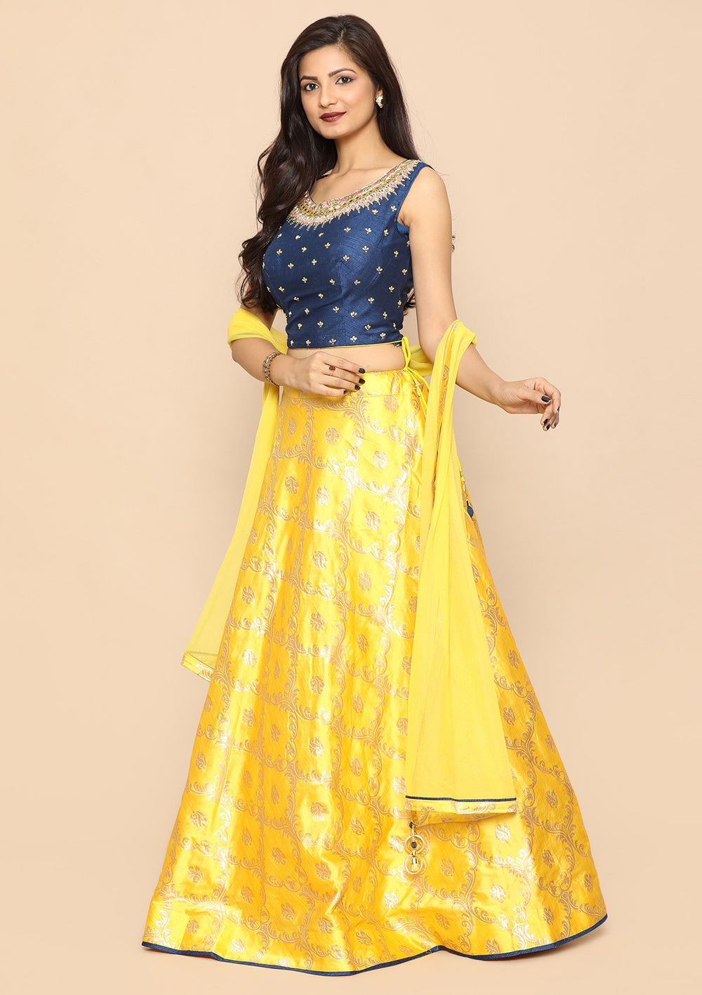 Yellow Mirror Work Silk Designer Lehenga-Koskii