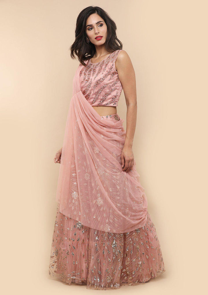 Dusty Rose Drape Net Designer Lehenga-Koskii