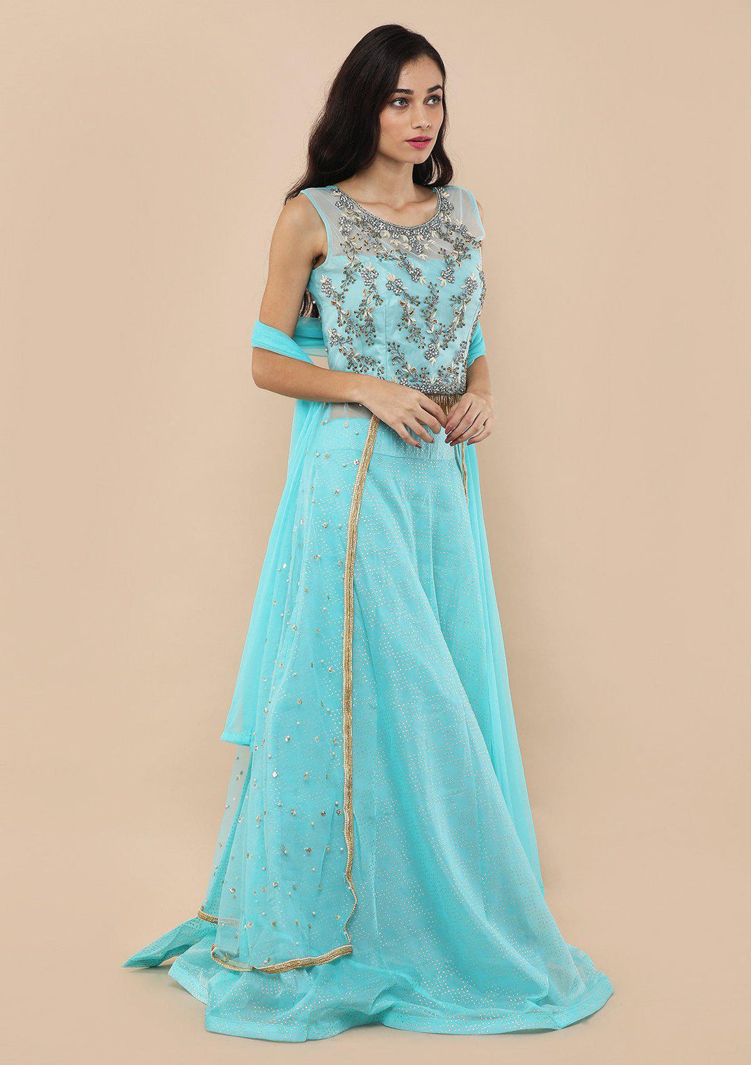 Sky Blue Bead Work Silk Designer Lehenga-Koskii