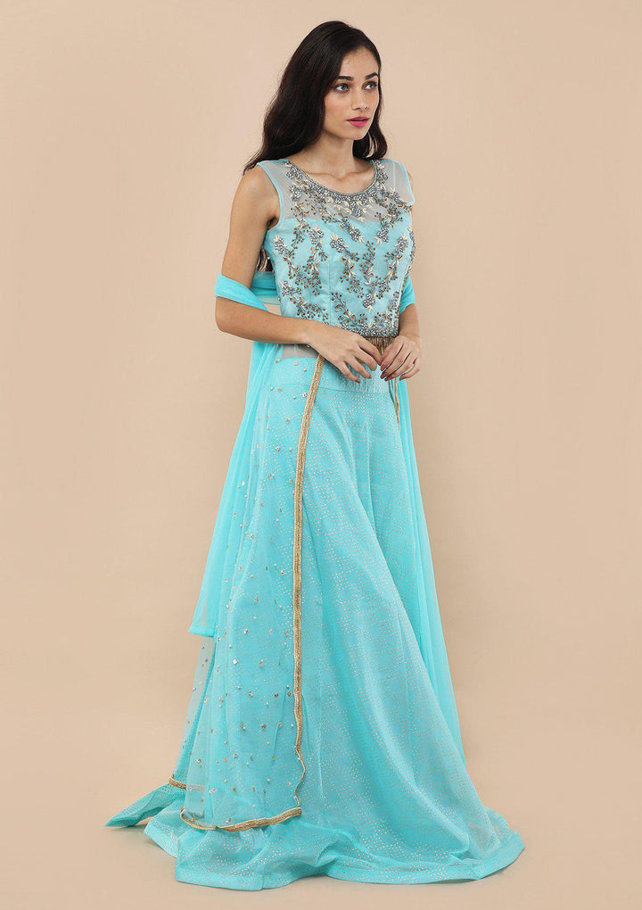 Sky Blue Bead Work Silk Designer Lehenga-Koskii