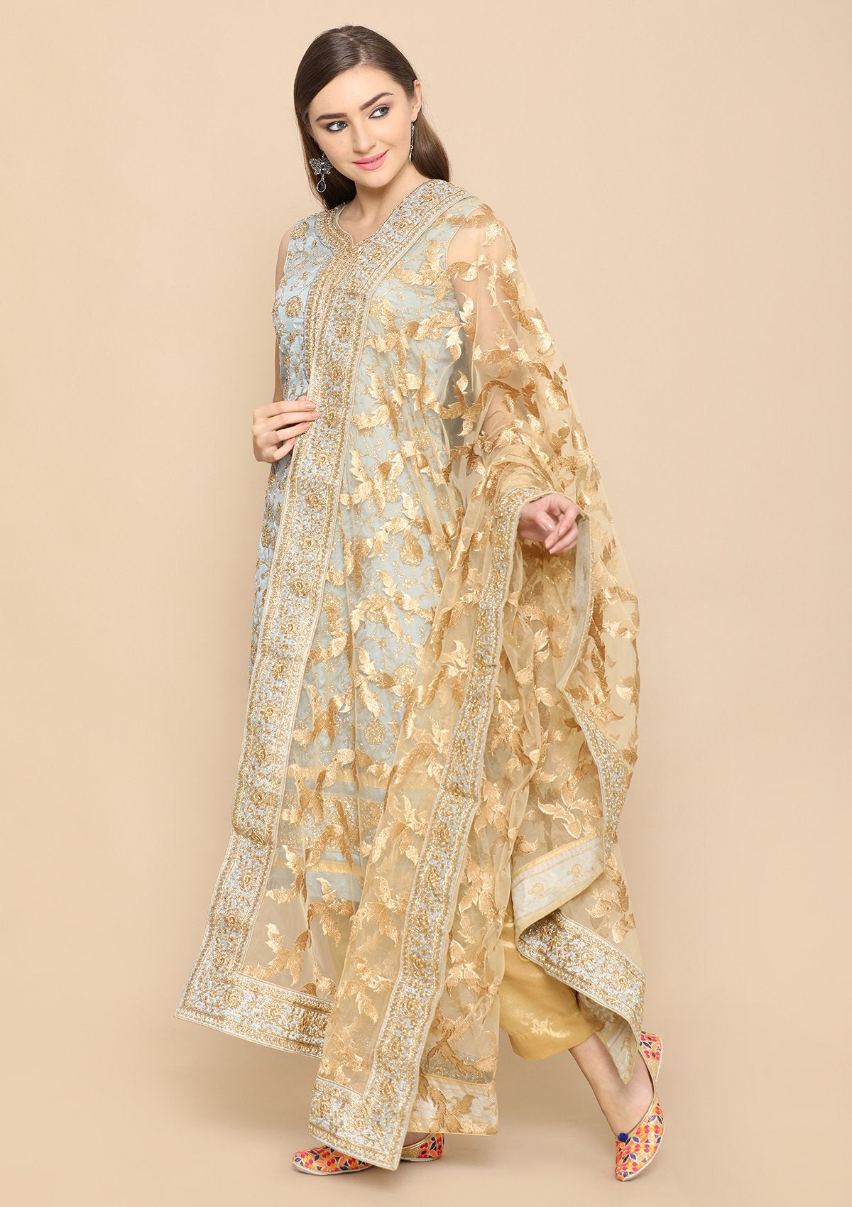 Light Grey and gold designer salwar suit-Koskii