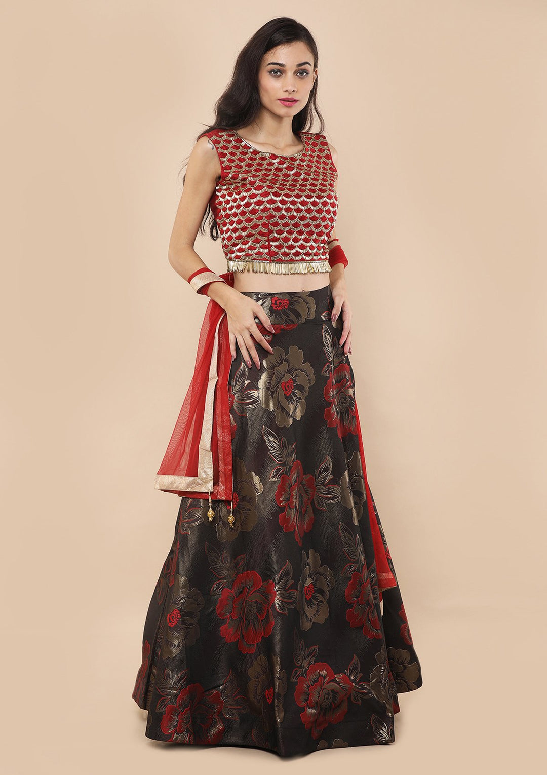 Cherry Red Cutdana Brocade Designer Lehenga-Koskii