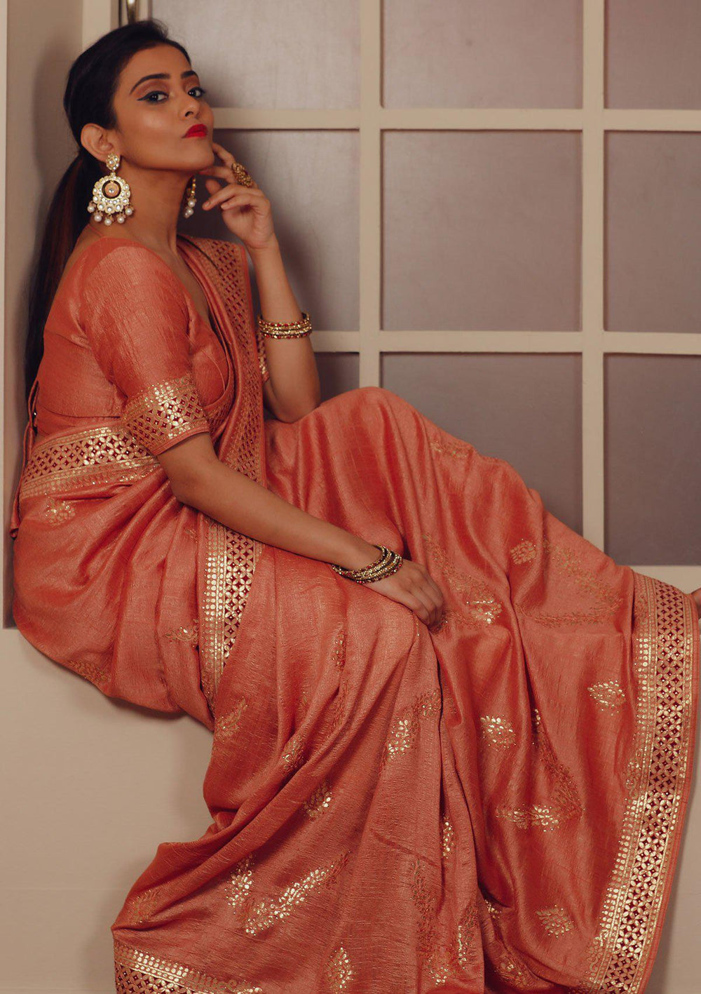 Peach Gotapatti Designer Art Silk Saree-Koskii