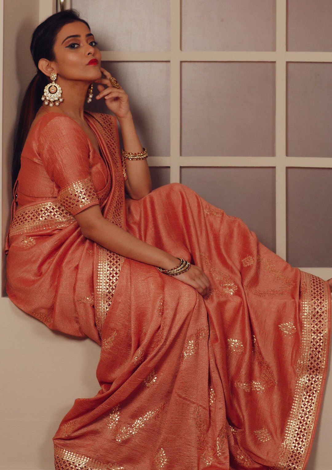 Peach Gotapatti Designer Art Silk Saree-Koskii