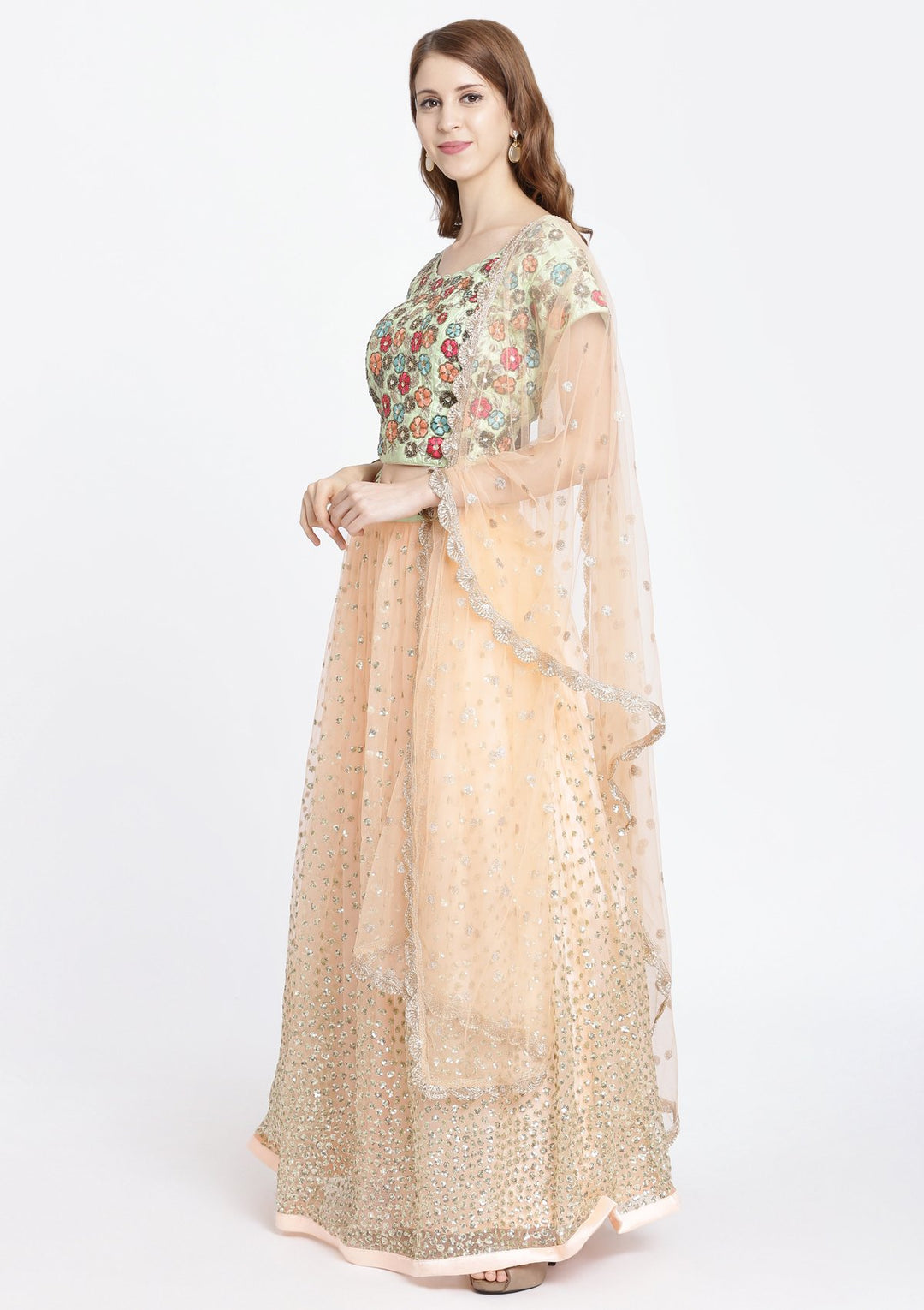 Peach Sequins Net Designer Lehenga-Koskii