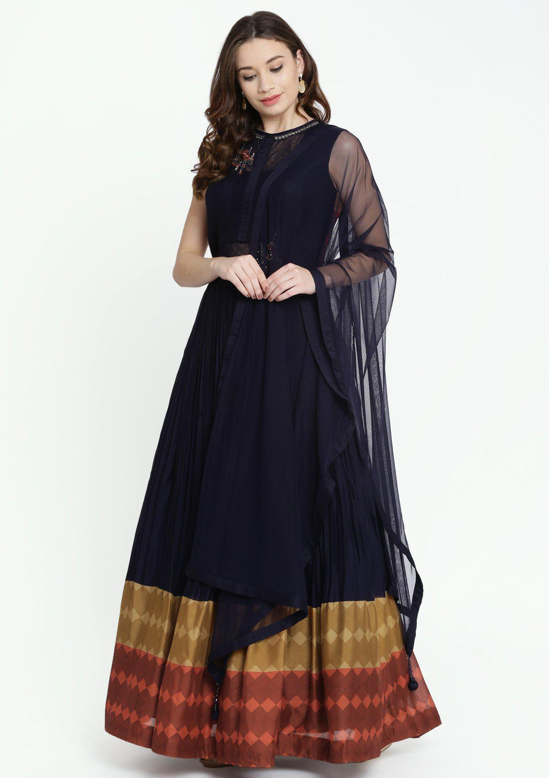 Navy Blue Stonework Georgette Designer Gown-Koskii