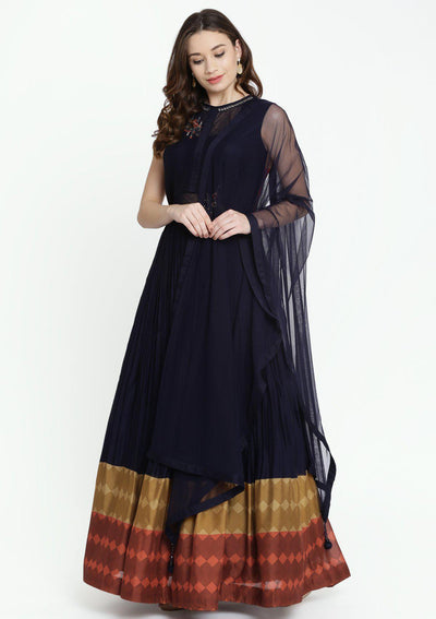 Navy Blue Stonework Georgette Designer Gown-Koskii