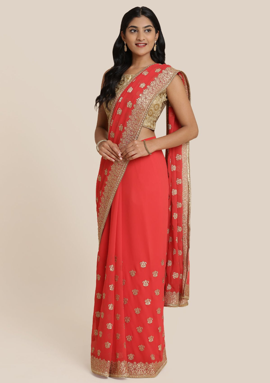 Red Zariwork Chiffon Designer Saree-Koskii