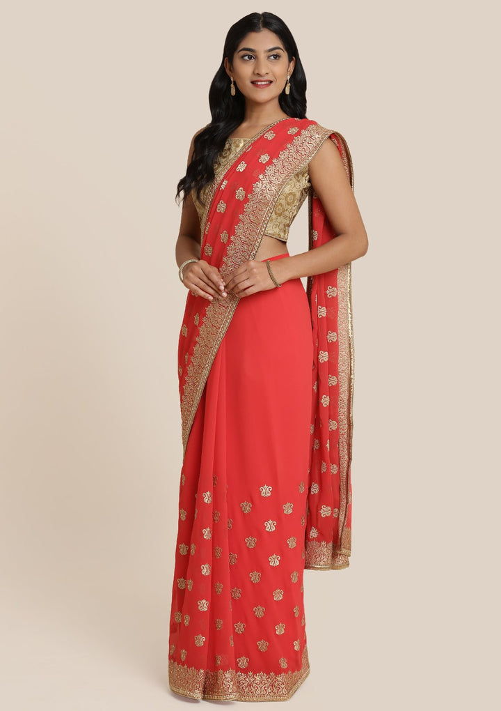 Red Zariwork Chiffon Designer Saree-Koskii