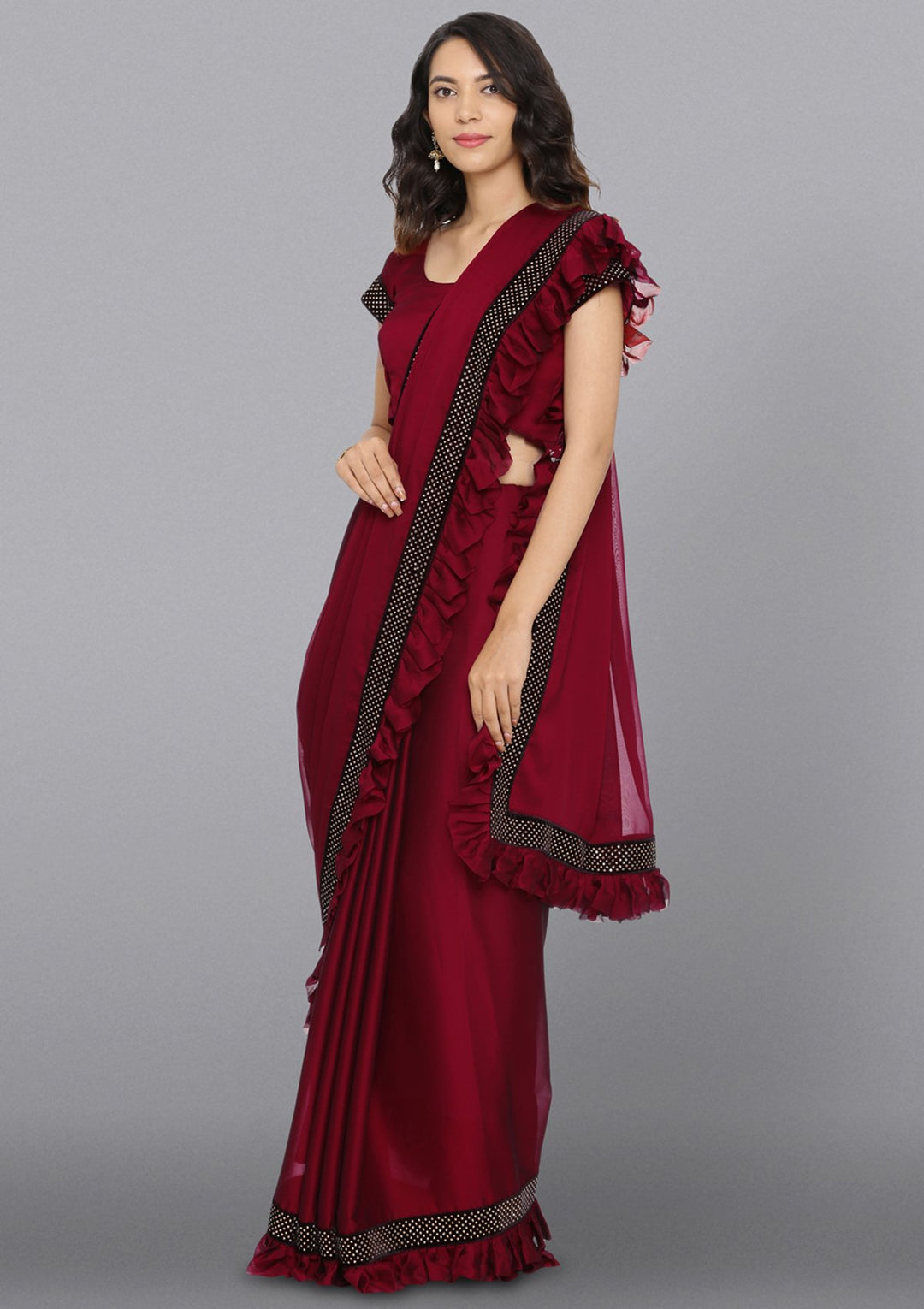 Maroon Swarovski Satin Designer Saree-Koskii
