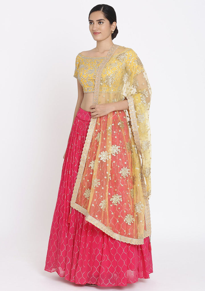 Rani Pink And Yellow Gotapatti Georgette Designer Lehenga - koskii