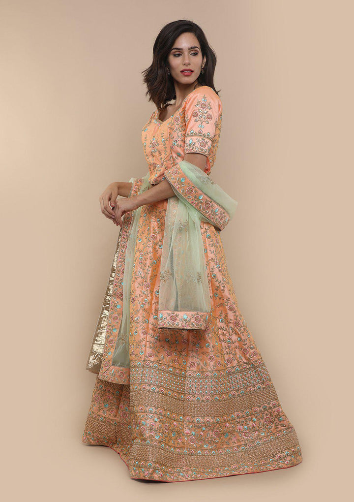 KOSKIII PEACH FLORAL WORK BRIDAL LEHENGA-Koskii