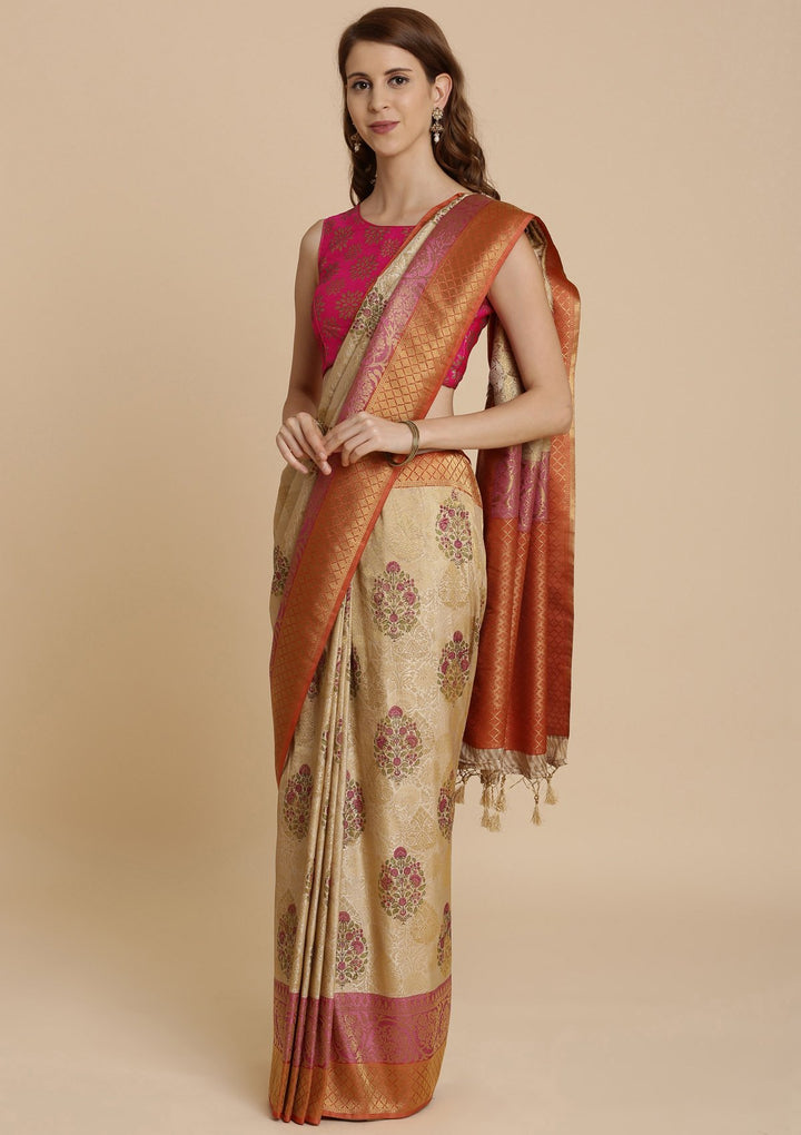 Orange and Cream Art Silk Designer Saree-Koskii