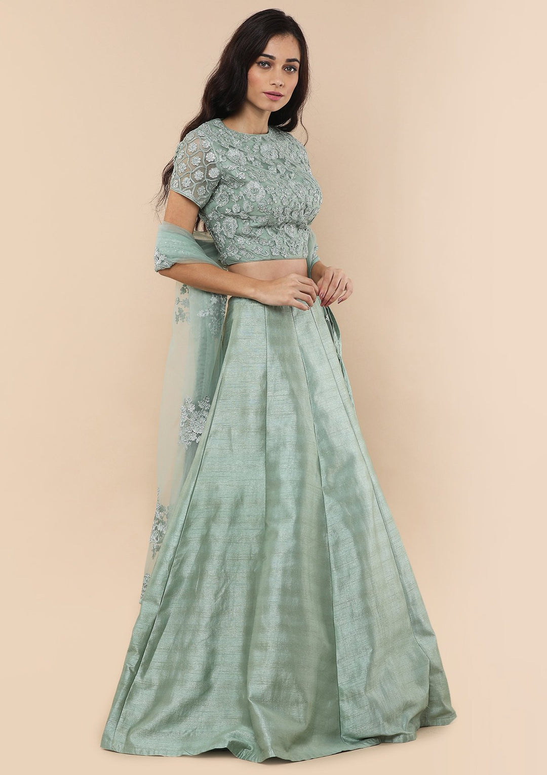 Teal Green Silver Zari Work Silk Designer Lehenga-Koskii