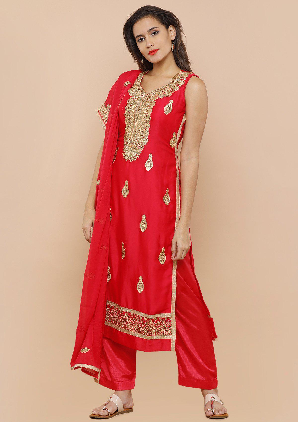 Red Chanderi Silk Designer Salwar Suit-Koskii