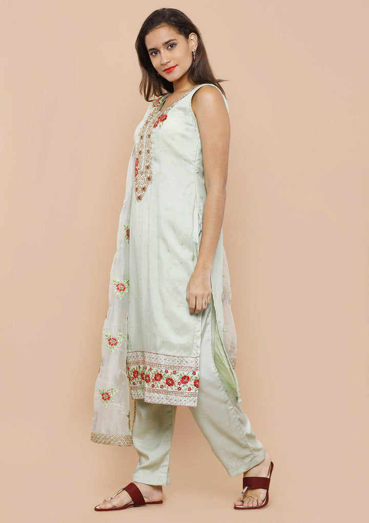 Green Embellished Tissue Designer Salwar Suit-Koskii