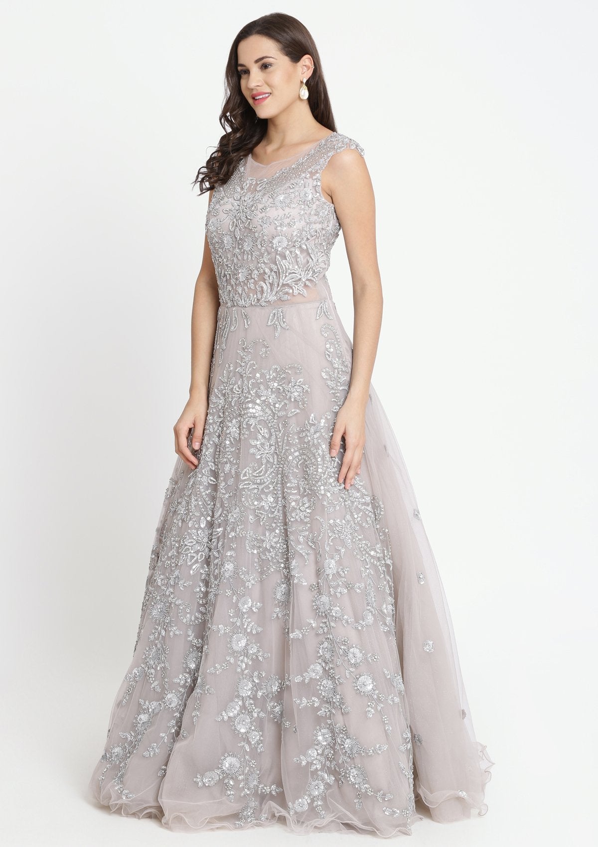 Grey Sequinned Net Designer Gown-Koskii