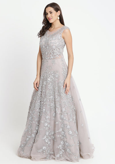 Grey Sequinned Net Designer Gown-Koskii