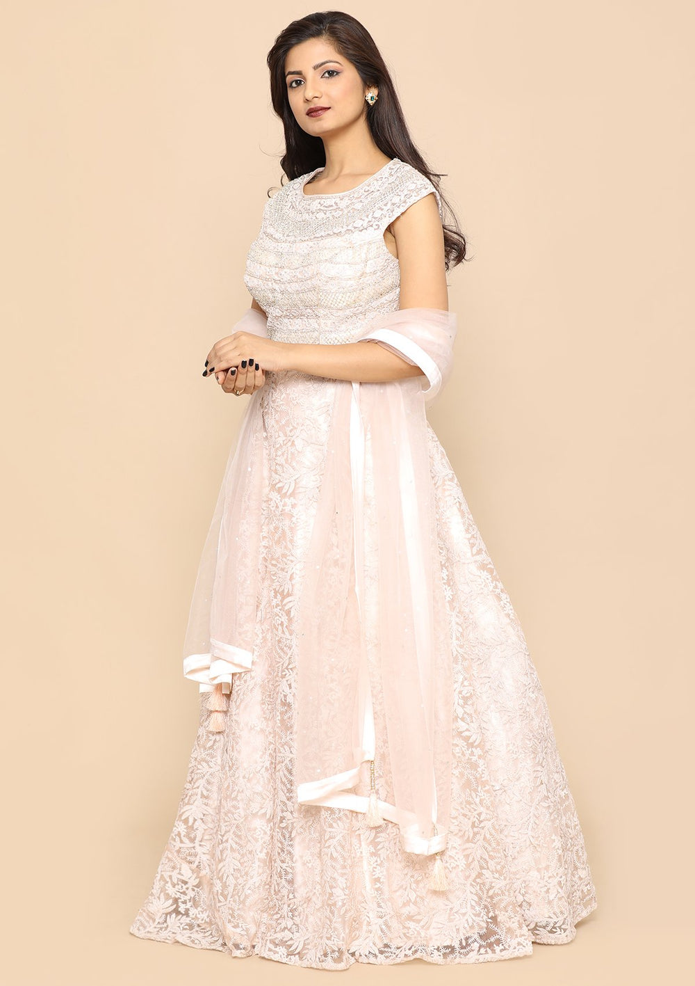 Pink Pearl Embellished Satin Designer Lehenga-Koskii