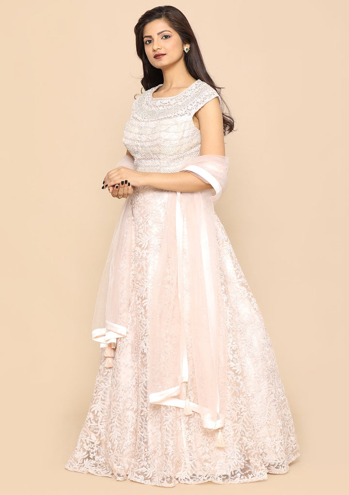 Pink Pearl Embellished Satin Designer Lehenga-Koskii