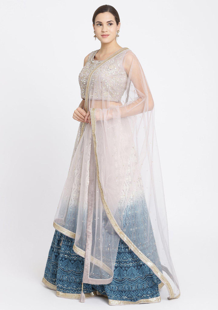 Peacock Blue Mirrorwork Georgette Designer Lehenga-Koskii