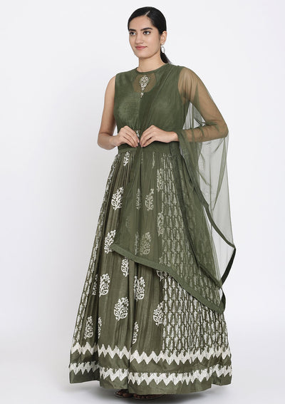 Mehendi Printed Art Silk Designer Gown - koskii