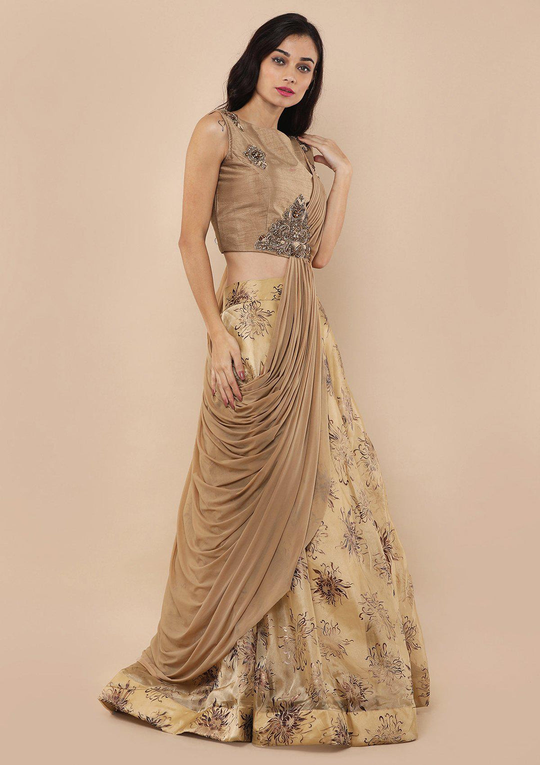 Beige Stone Work Silk Designer Lehenga-Koskii