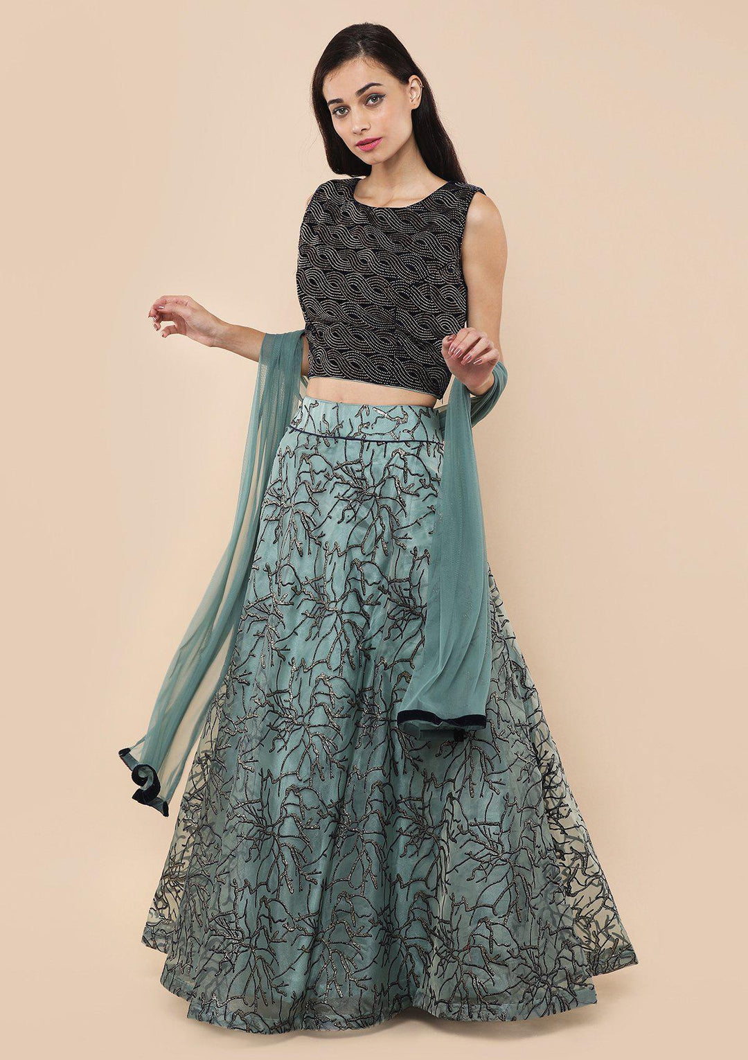 Teal Green Shimmer Appliqu???Ìâ?å©d Velvet Designer Lehenga-Koskii