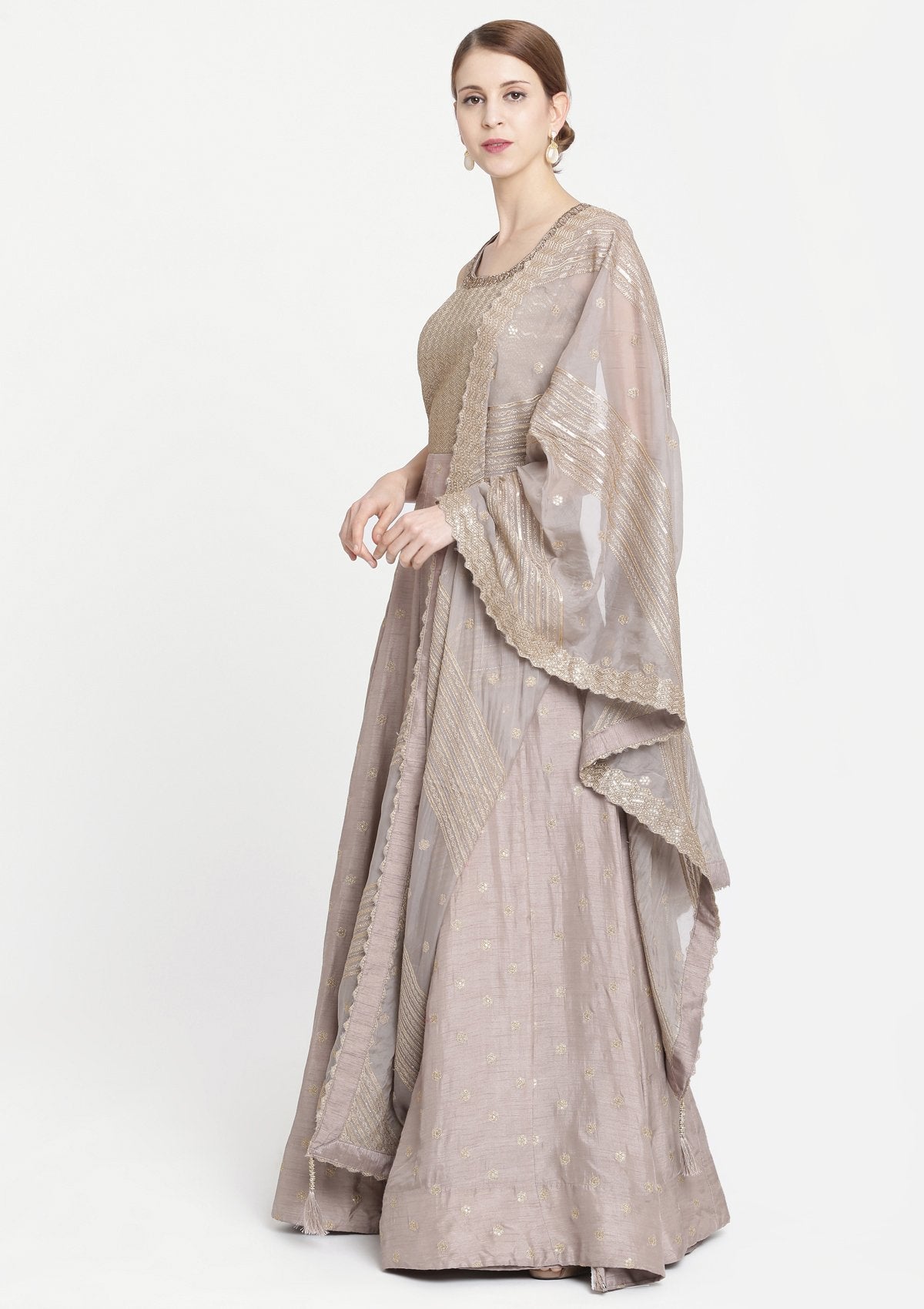 Light Grey Zariwork Rawsilk Designer Gown-Koskii
