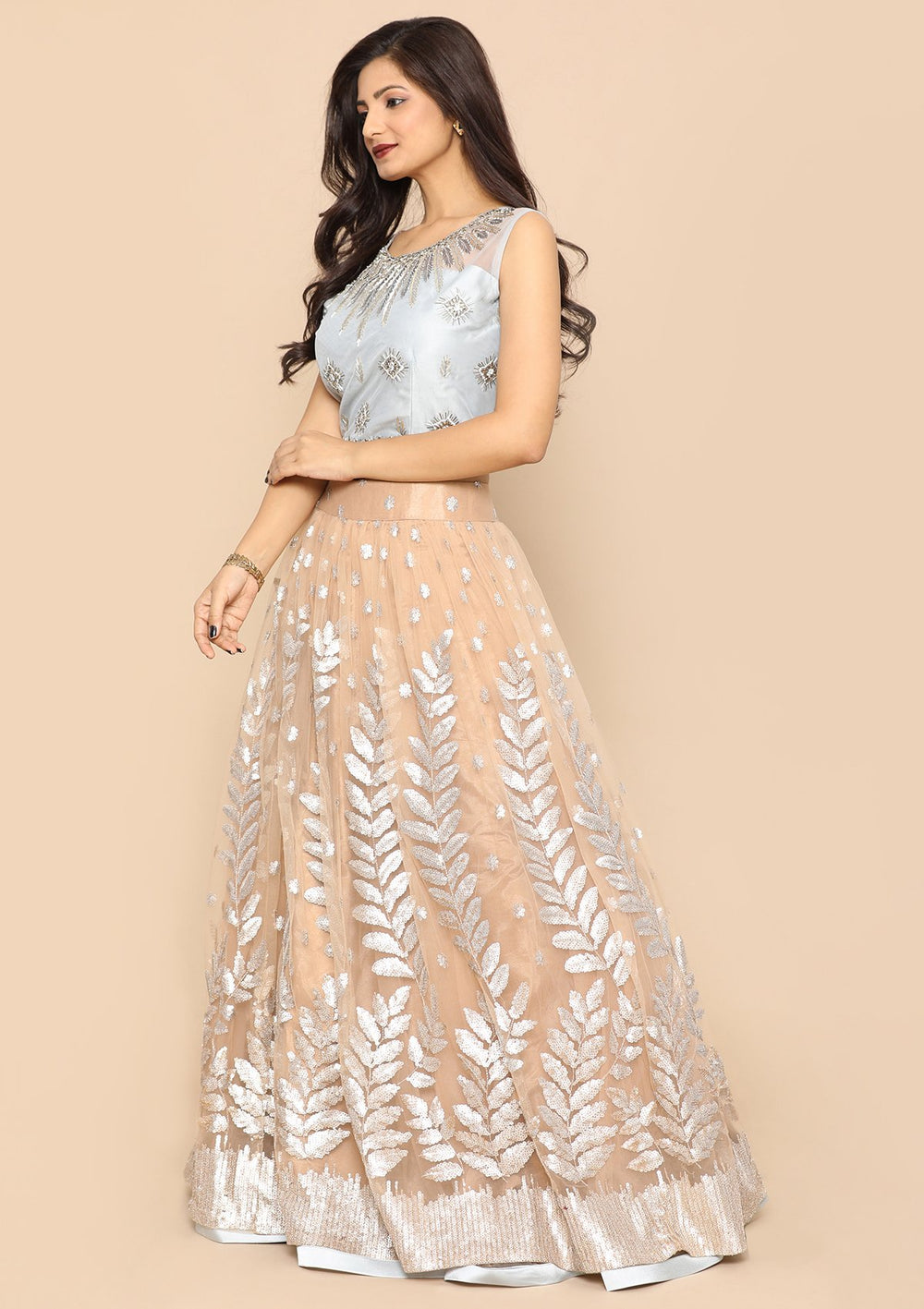 Beige Stone Work Satin Designer Lehenga-Koskii