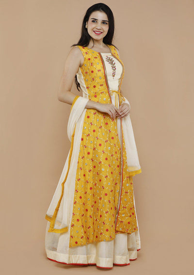 Cream and Yellow Thread Embroidered Silk Designer Gown-Koskii