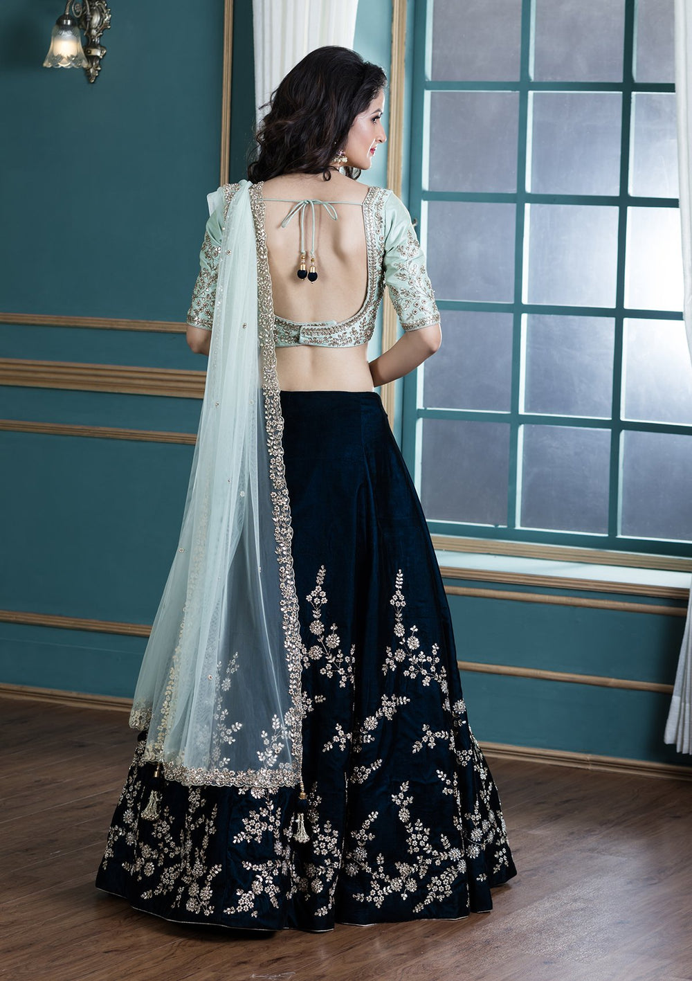 Navy Blue Zardozi Velvet Designer Lehenga-Koskii