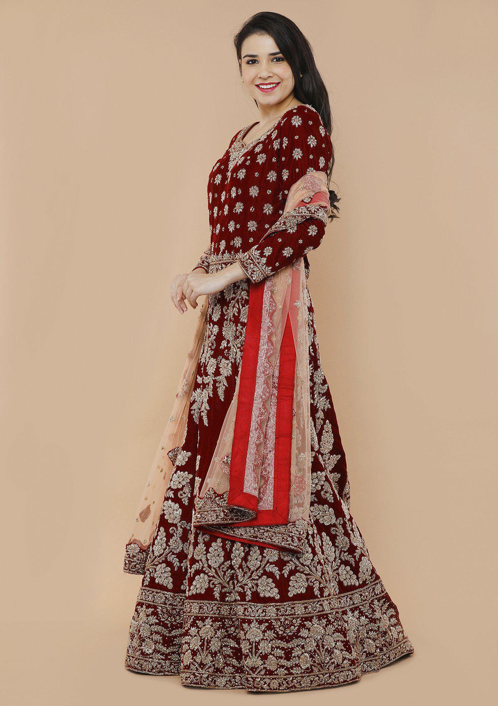 Maroon Zardozi Velvet Designer Gown-Koskii